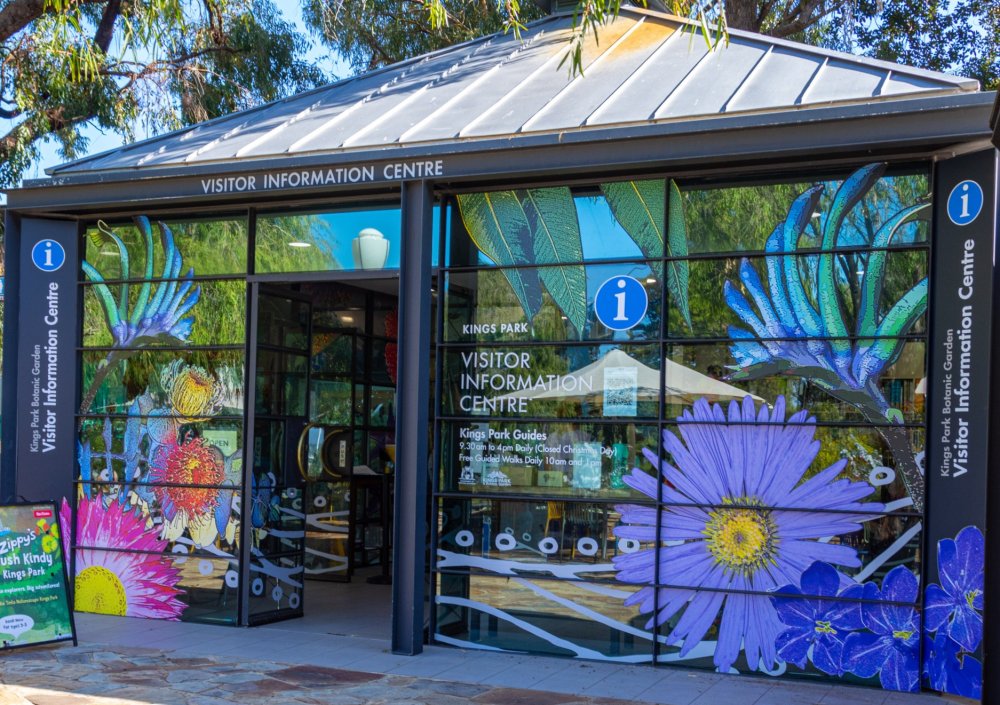 The Kings Park Visitor Information Centre building features signage and large floral images painted over its front entrance