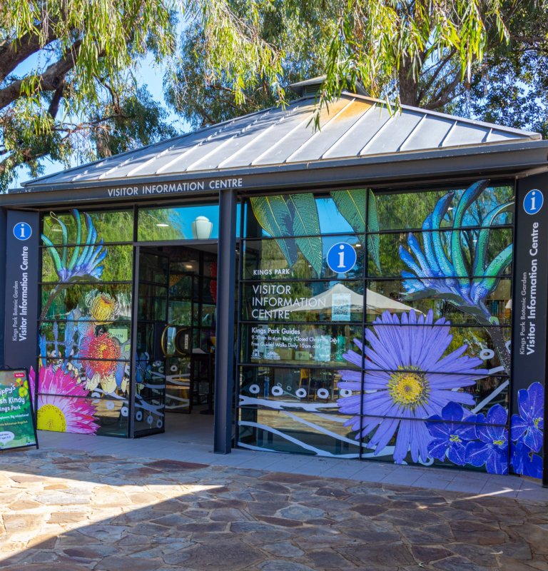 The Kings Park Visitor Information Centre building features signage and large floral images painted over its front entrance
